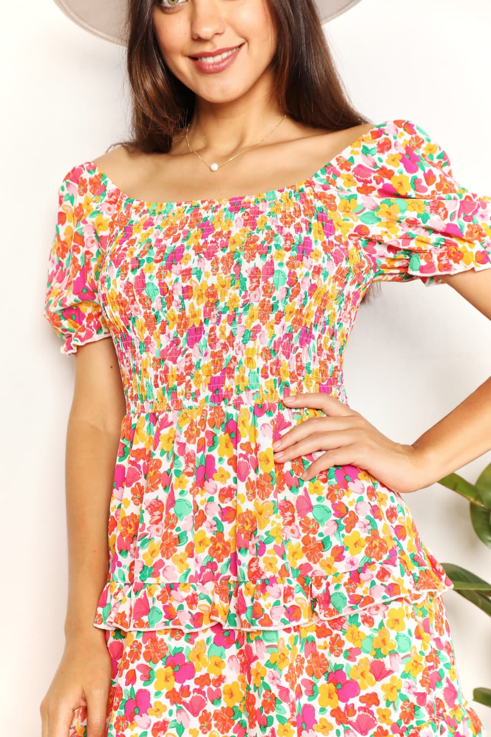 Devine Smocked Sweetheart Neck Flounce Sleeve Mini Dress - In Style Chics Boutique LLC