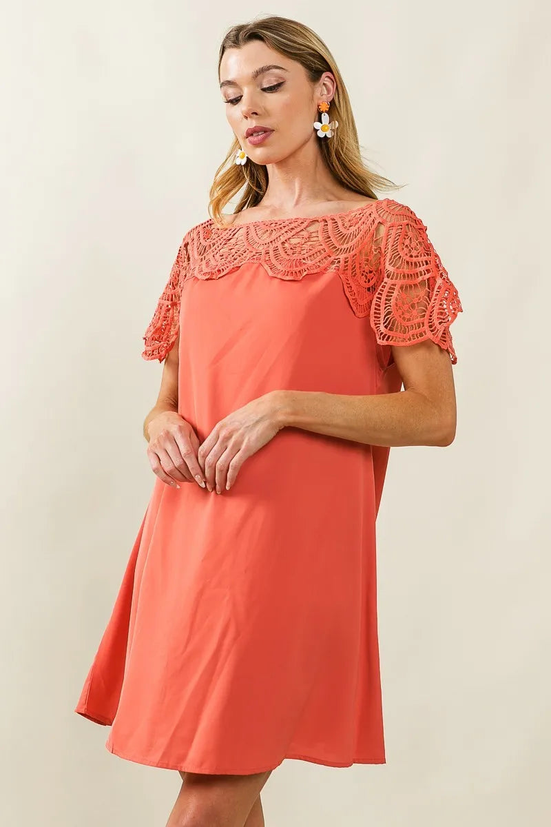 Crochet Lace Yoke Detailed Wrinkled Dress - In Style Chics Boutique Women's Juniors Clothes