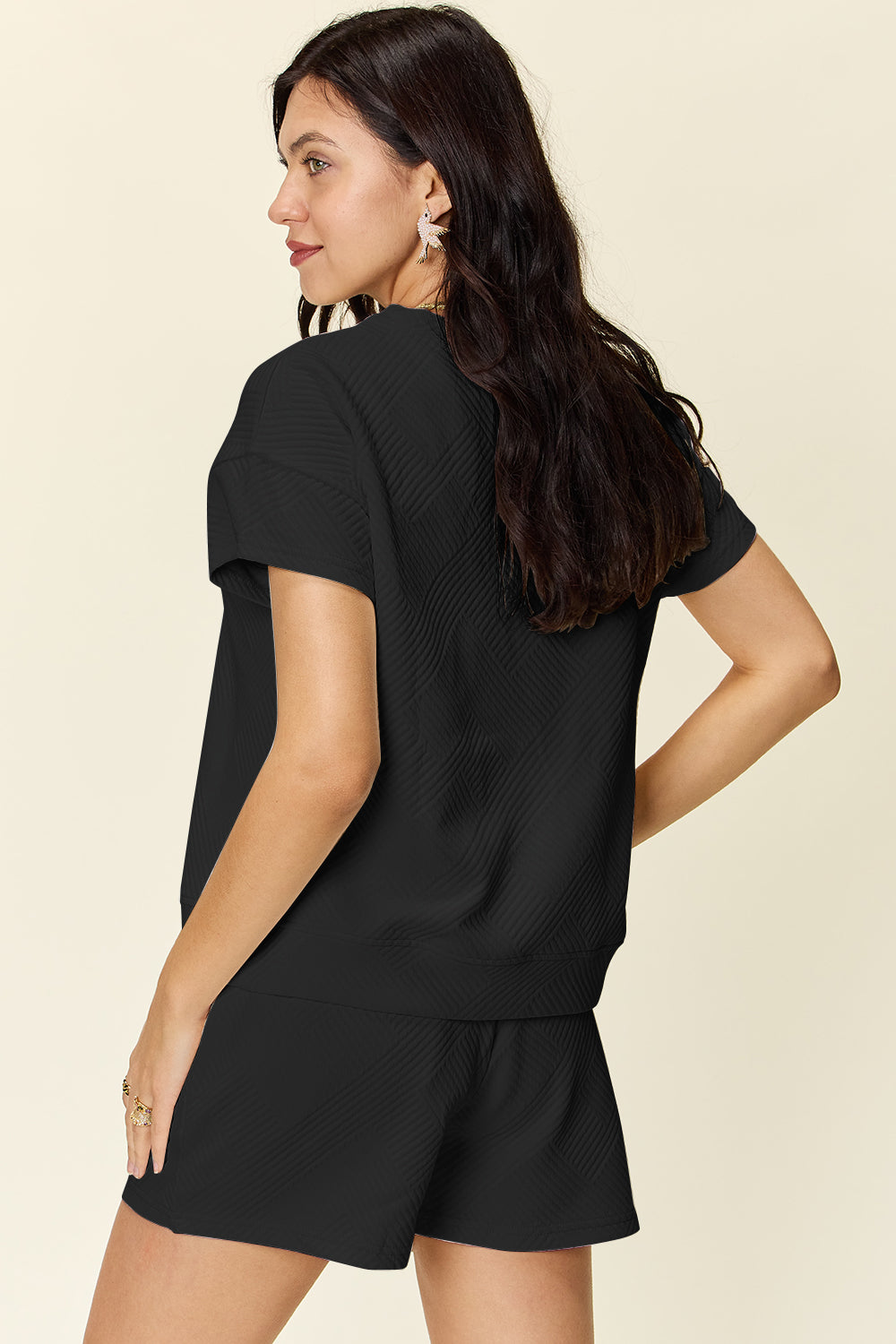 Double Take Texture Short Sleeve T-Shirt and Drawstring Shorts Set - In Style Chics Boutique LLC