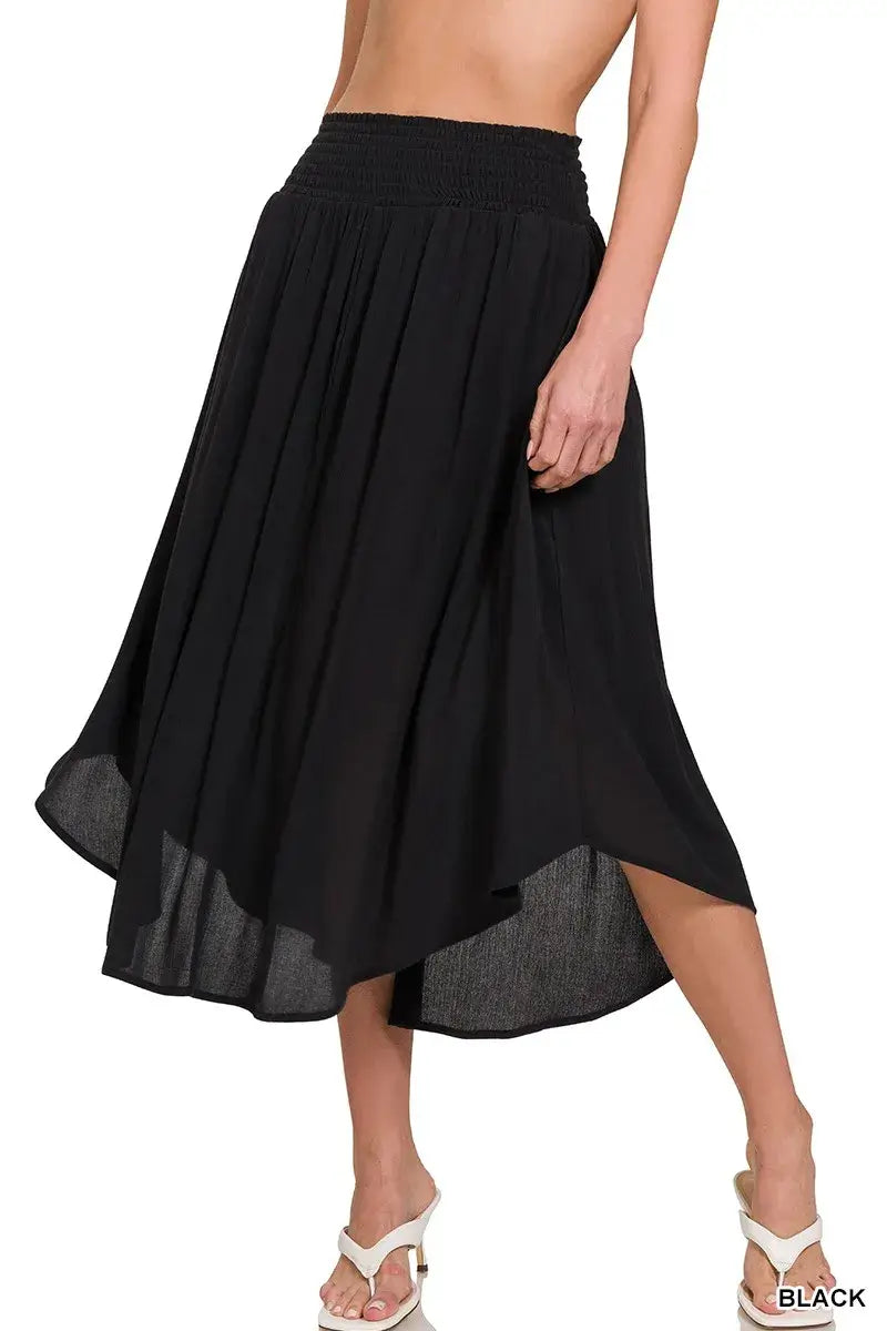 Black Maxi Skirt with Pockets, Smocked Waist-Woven Crinkle