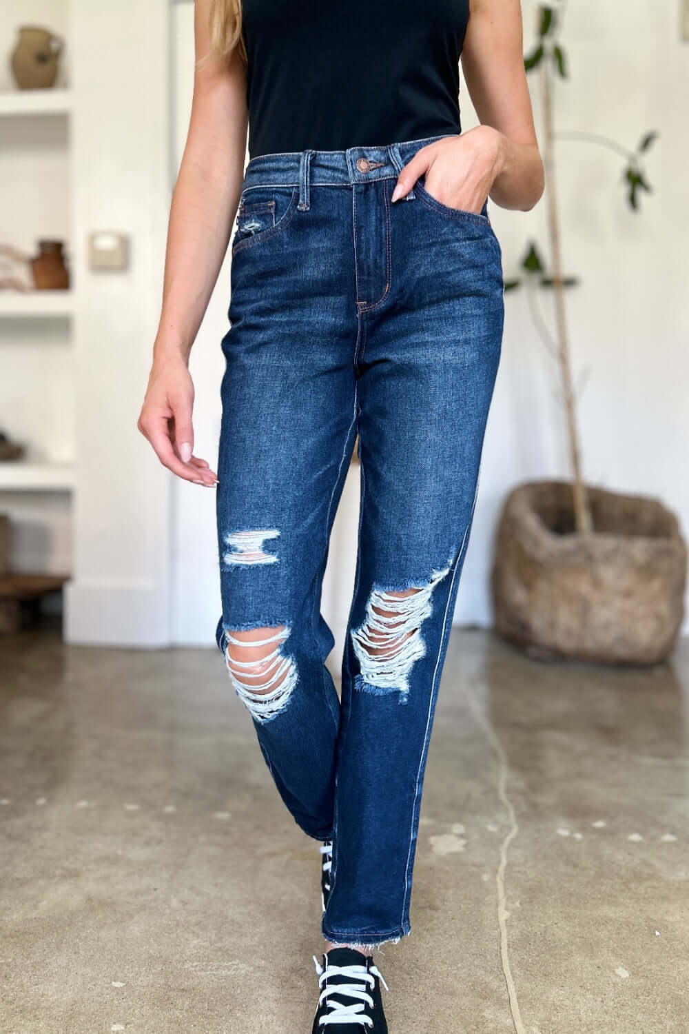 Judy Blue Full Size High Waist Rigid Magic Heavy Destroy Straight Jeans - In Style Chics Boutique LLC
