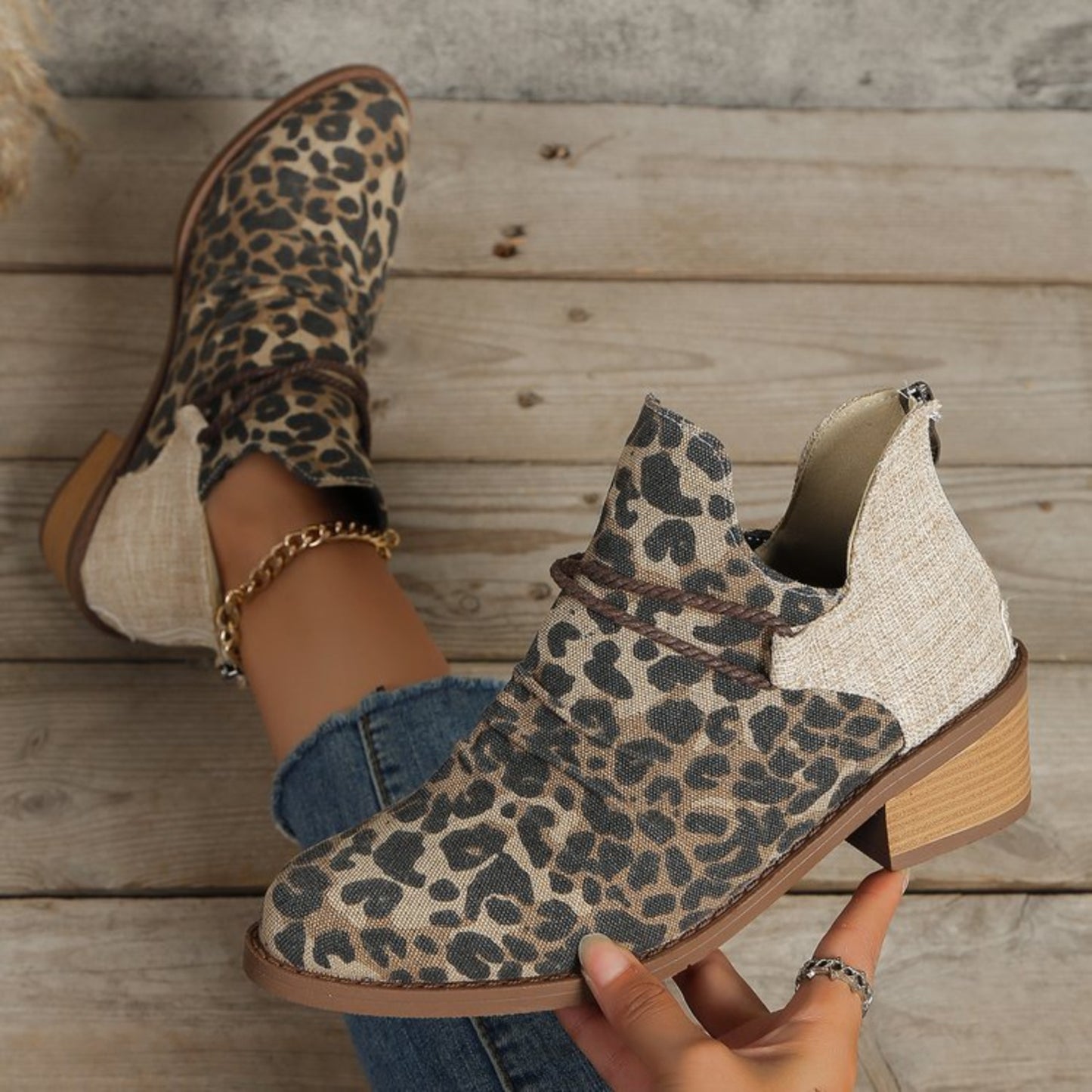 Contrast Canvas Low Heel Boots - In Style Chics Boutique LLC