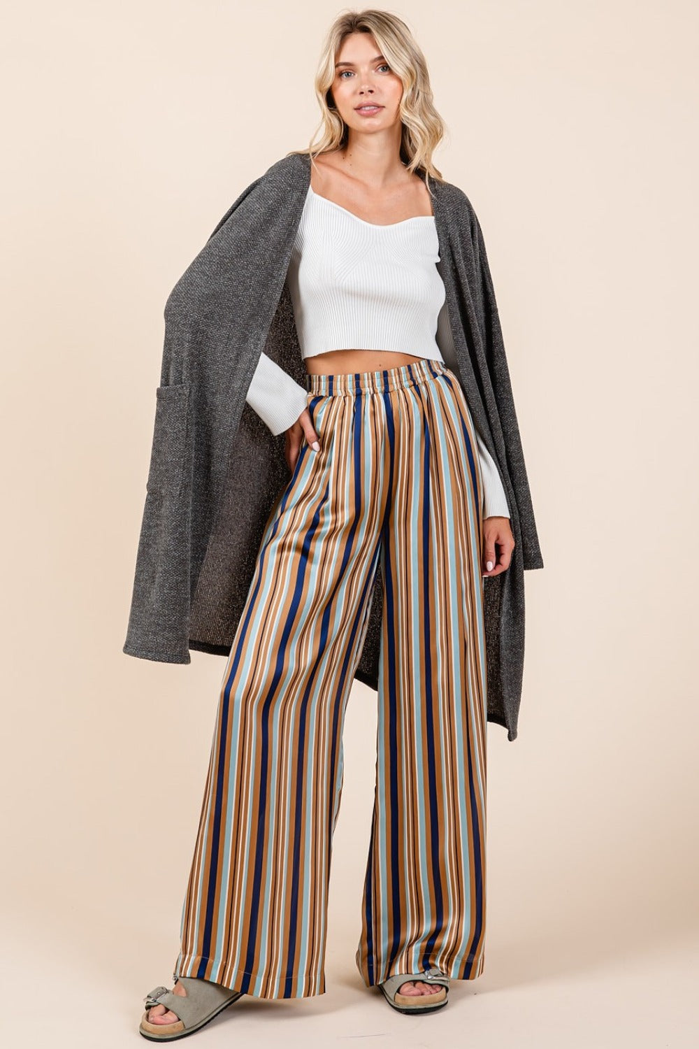 Mittoshop Striped Satin Elastic Waist Wide Leg Pants - In Style Chics Boutique LLC