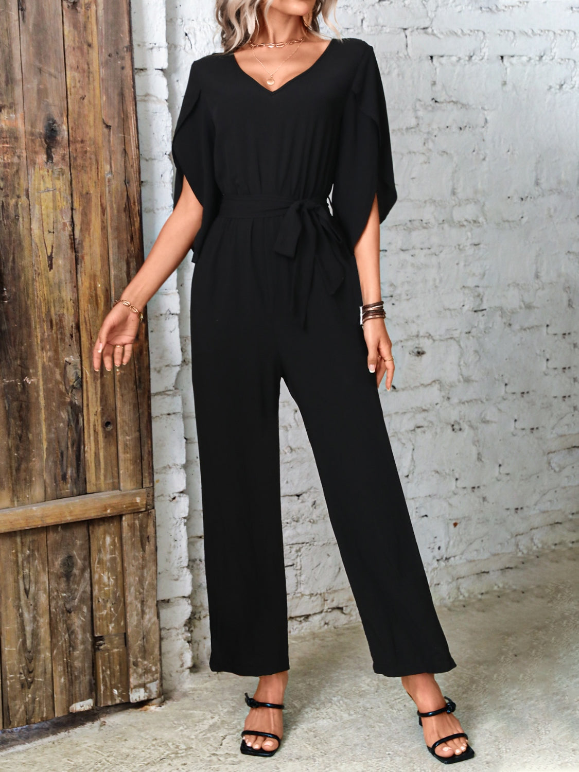 Tied V-Neck Half Sleeve Wide Leg Jumpsuit - In Style Chics Boutique LLC