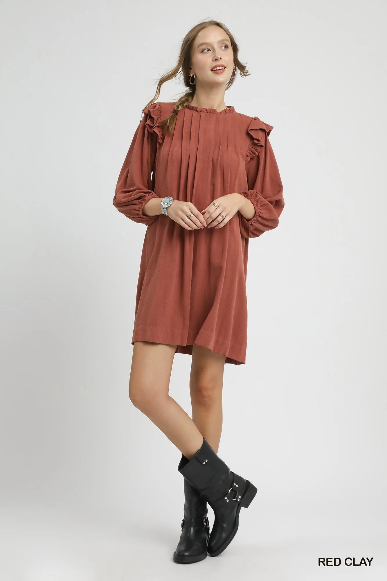 Linen Babydoll Dress, Ruffle Shoulder Pleated at In Style Chics Boutique