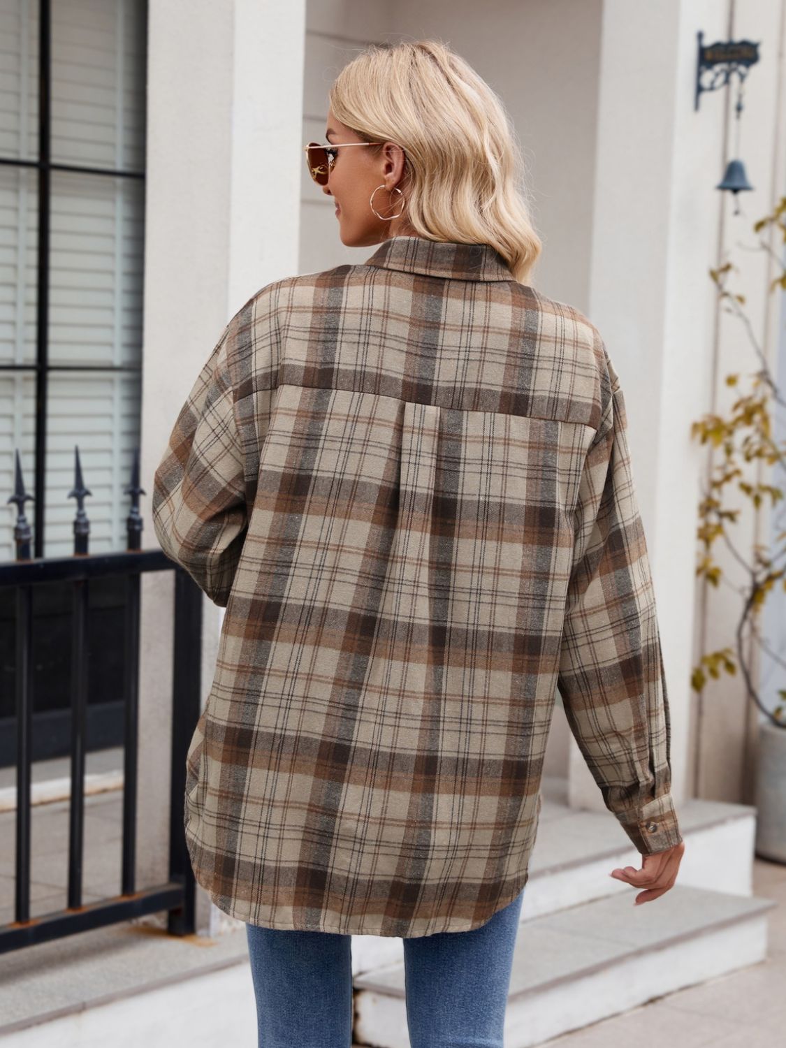 Pocketed Plaid Collared Neck Long Sleeve Shirt - In Style Chics Boutique LLC
