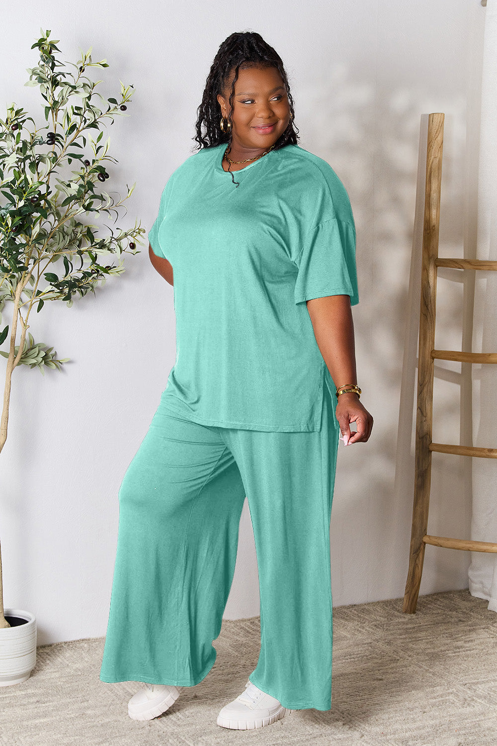 Double Take Round Neck Slit Top and Pants Set - More Colors! - In Style Chics Boutique LLC