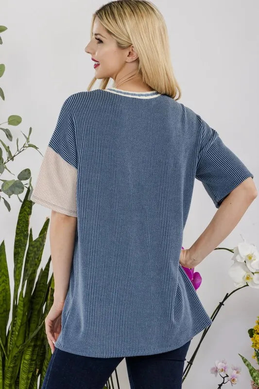 Rib Contrast Short Sleeve T-Shirt - Made in USA - In Style Chics Boutique Women's Juniors Plus Size Cute Clothes Online