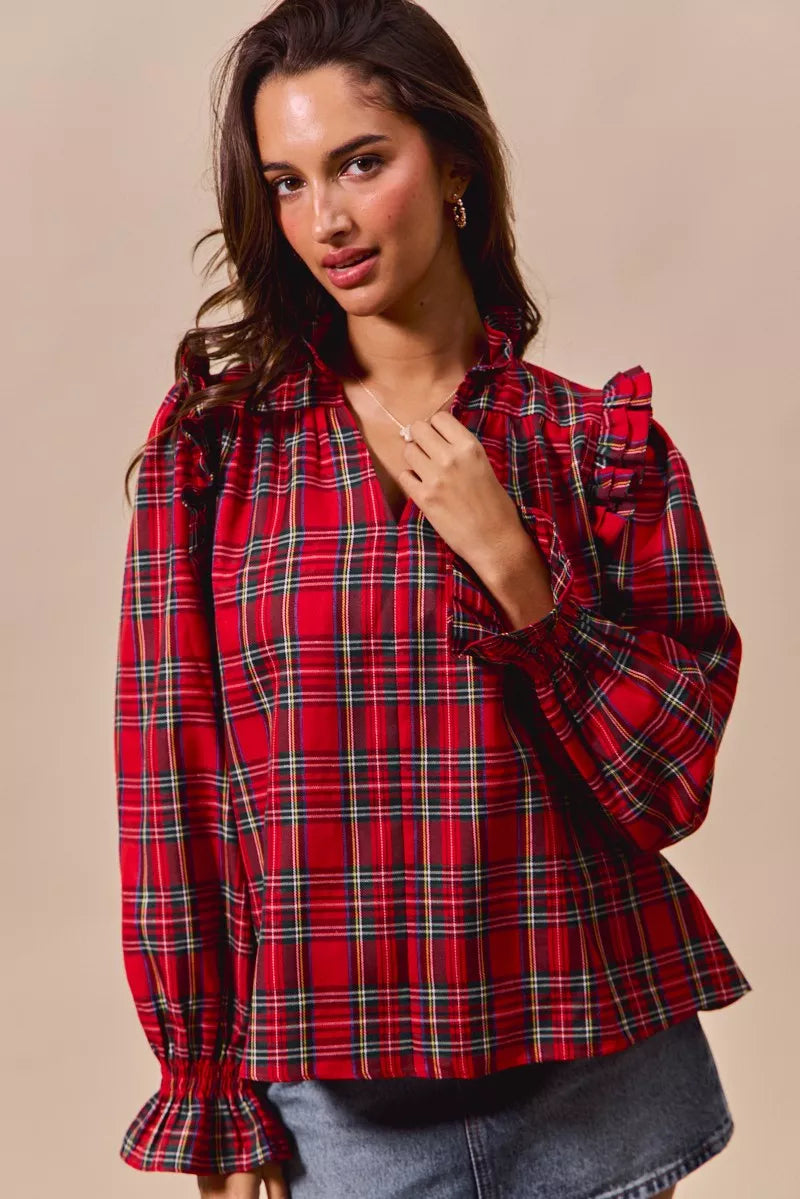 Christmas Checkered Plaid Smocked ♥️ Blouse at In Style Chics Boutique
