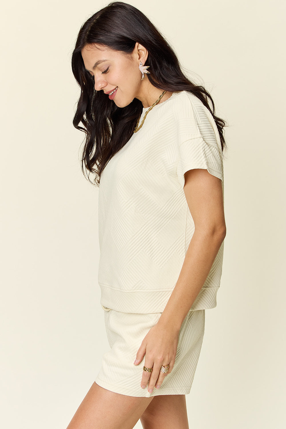 Double Take Texture Short Sleeve T-Shirt and Drawstring Shorts Set - In Style Chics Boutique LLC