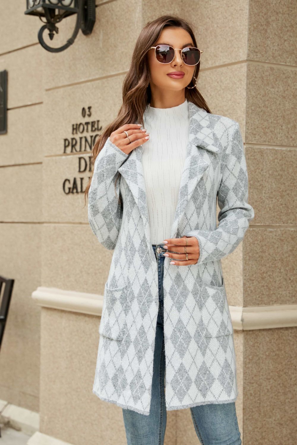 Printed Open Front Lapel Collar Cardigan with Pockets - In Style Chics Boutique LLC