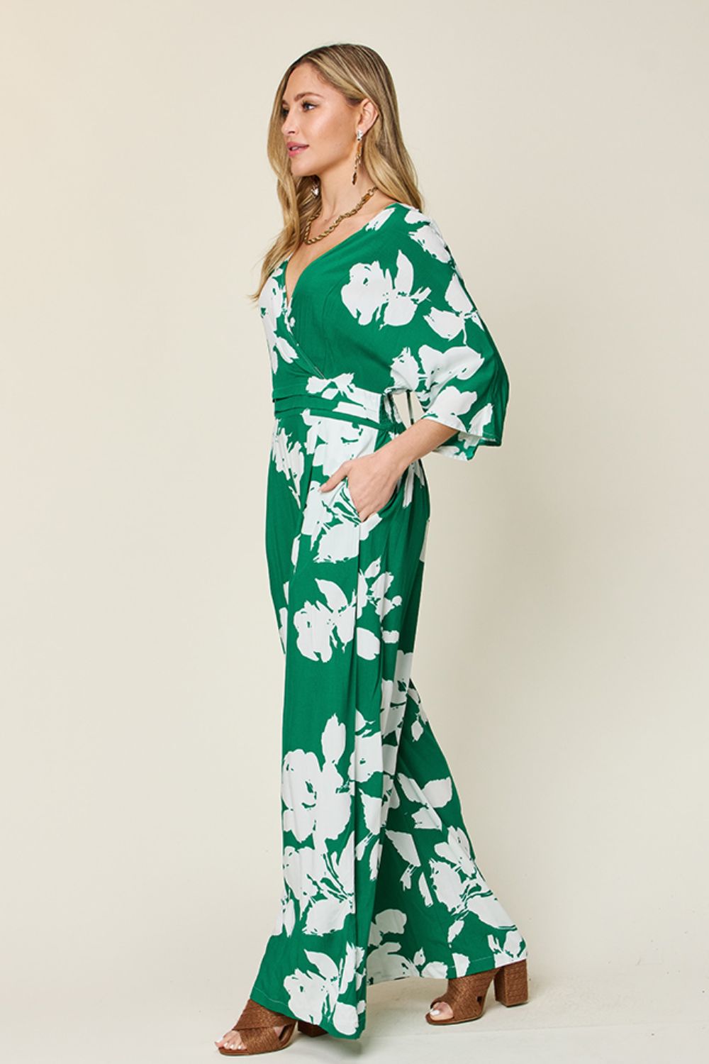 Double Take Full Size Printed Tie Back Wide Leg Jumpsuit - In Style Chics Boutique LLC