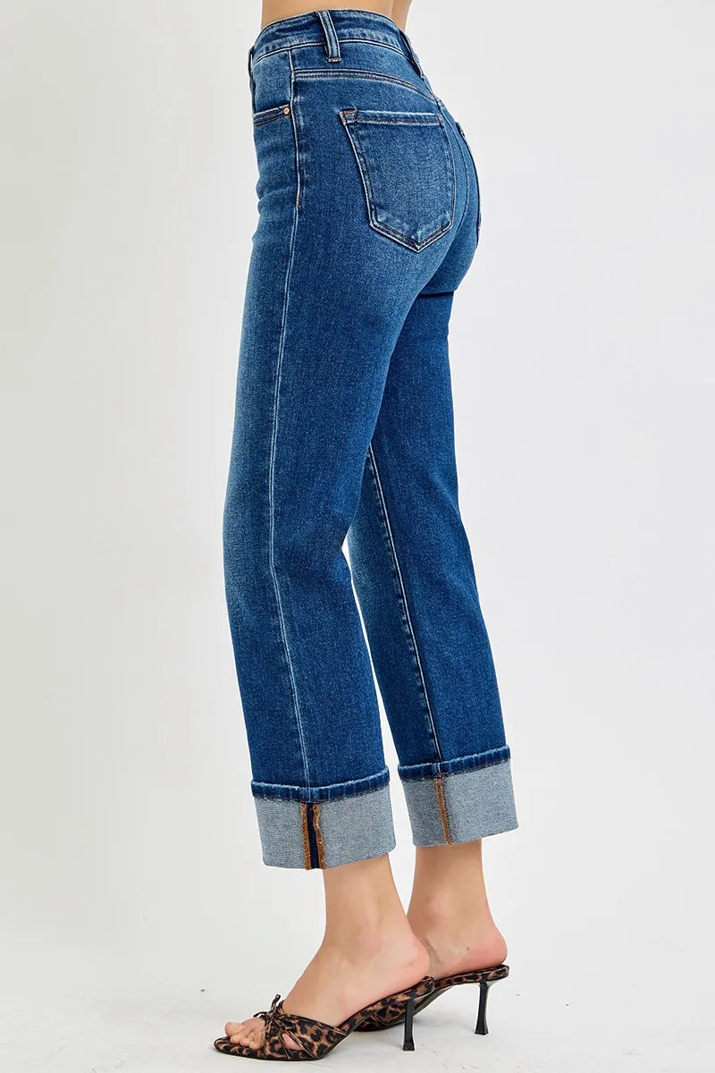 RISEN High Rise Ankle Straight Cuffed Jeans - In Style Chics Boutique Womens Jeans Plus Size Jeans