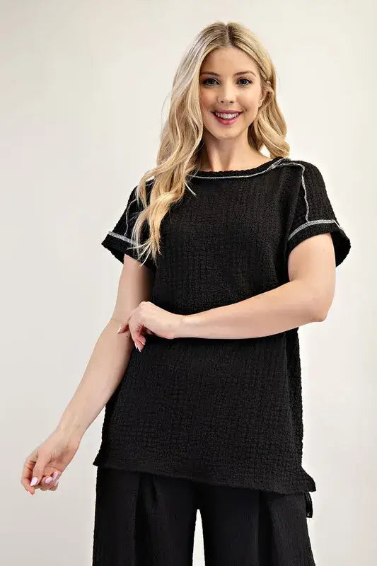 Relaxed-Fit Textured Short Sleeve Top Made in USA - Clothes for women over 40 - In Style Chics Boutique Women's Juniors Plus Size Apparel Online