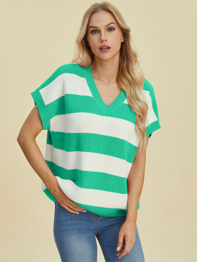 Women's Striped V-Neck Short Sleeve Sweater - In Style Chics Boutique Online Clothing