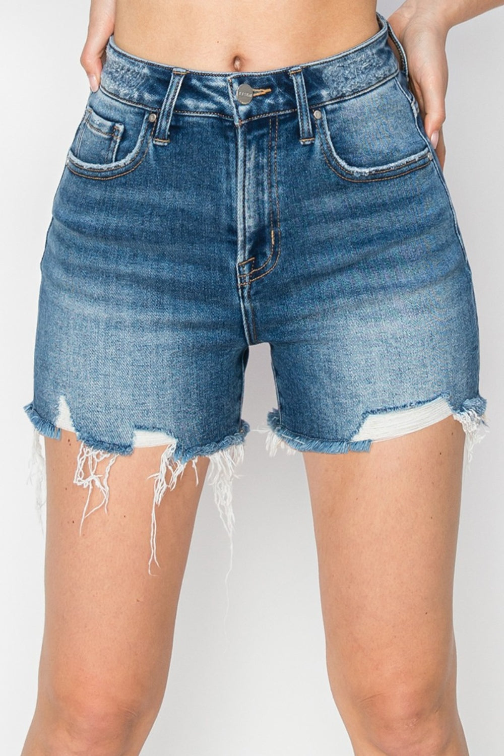 RISEN High Rise Raw Hem Distressed Denim Shorts - In Style Chics Boutique LLC