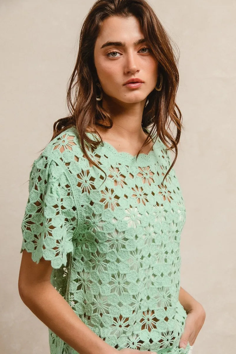 Openwork Crochet Short Sleeve Knit Top at In Style Chics Boutique