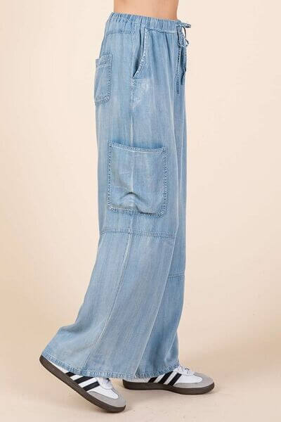 Washed Elastic Waist Cargo Wide Leg Pants