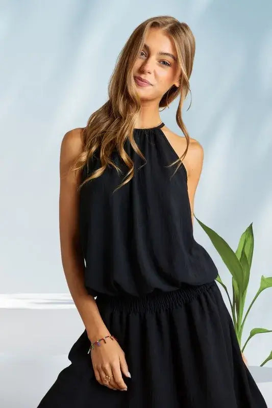 Halter Neck Smocking Waist Black Dress - Cute Clothes - In Style Chics Boutique Women's Juniors Apparel Online