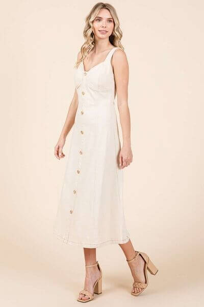Stretch Twill Decor Button Sleeveless Midi Dress - In Style Chics Boutique