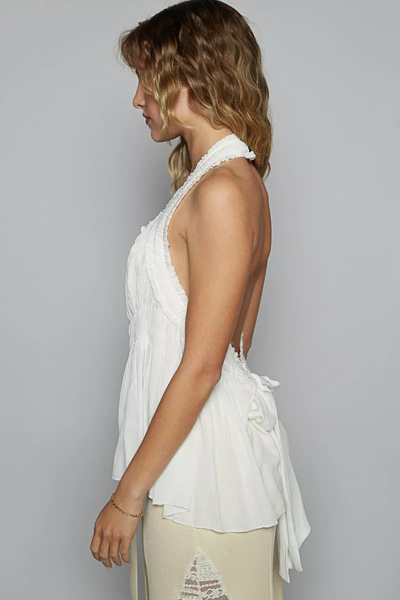 Backless Halter Sleeveless Top with Smocking Shirring Detail at In Style Chics Boutique