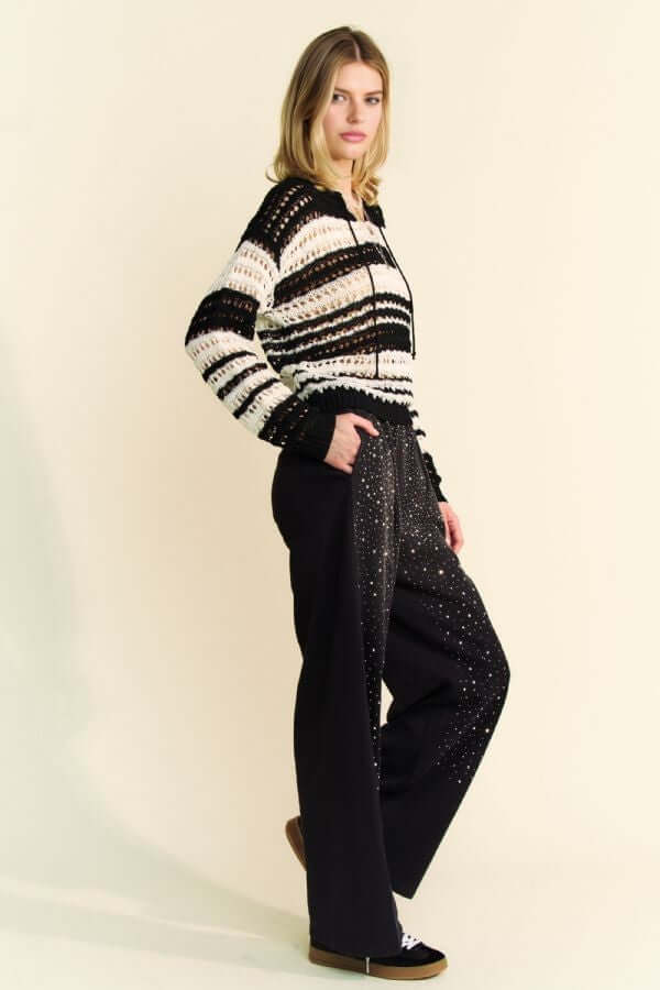 Davi & Dani Contrast Striped Crochet Drop Shoulder Knit Cover Up - In Style Chics Boutique LLC
