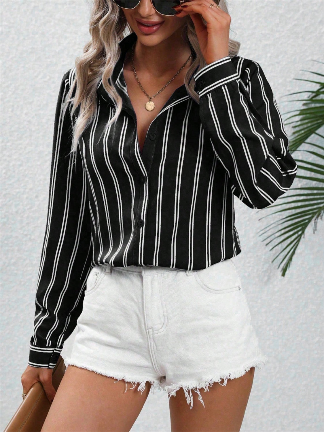 Striped Collared Neck Long Sleeve Shirt - In Style Chics Boutique LLC