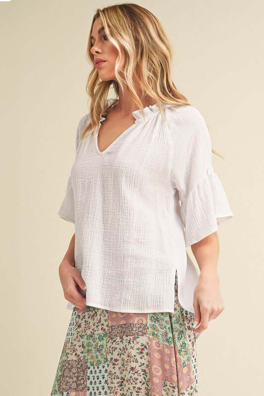 Aemi + Co Side Slit Notched Ruffled Half Sleeve Blouse - Cute Clothes Online - In Style Chics Boutique Women's Juniors Apparel