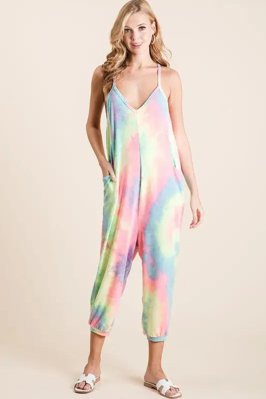 Tie Dye French Terry Mid-Length Casual Jumpsuit - Cute Summer Clothes - In Style Chics Boutique Women's Juniors Apparel Online Ship from USA