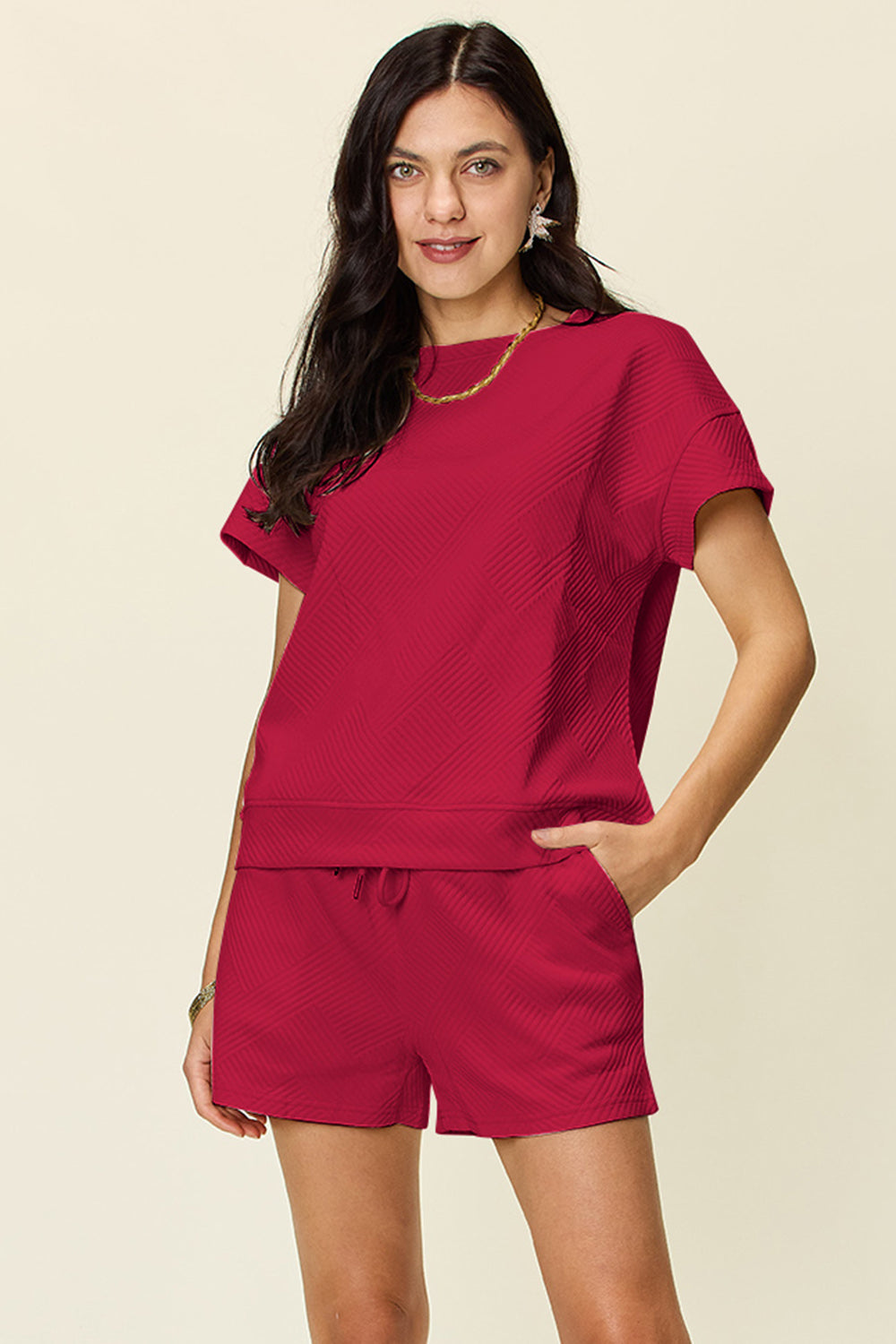 Double Take Texture Short Sleeve T-Shirt and Drawstring Shorts Set - In Style Chics Boutique LLC