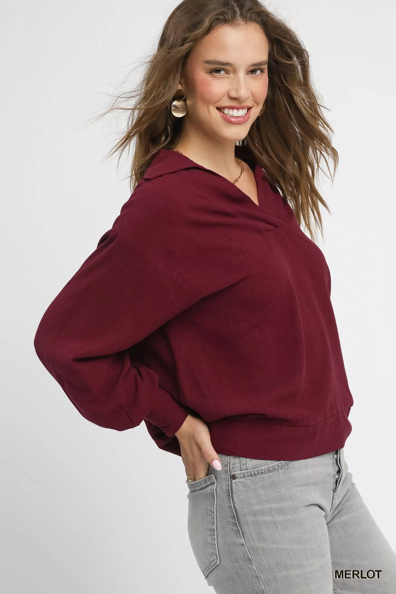 Linen Long Sleeves Elastic Hem Blouse in Merlot at In Style Chics Boutique