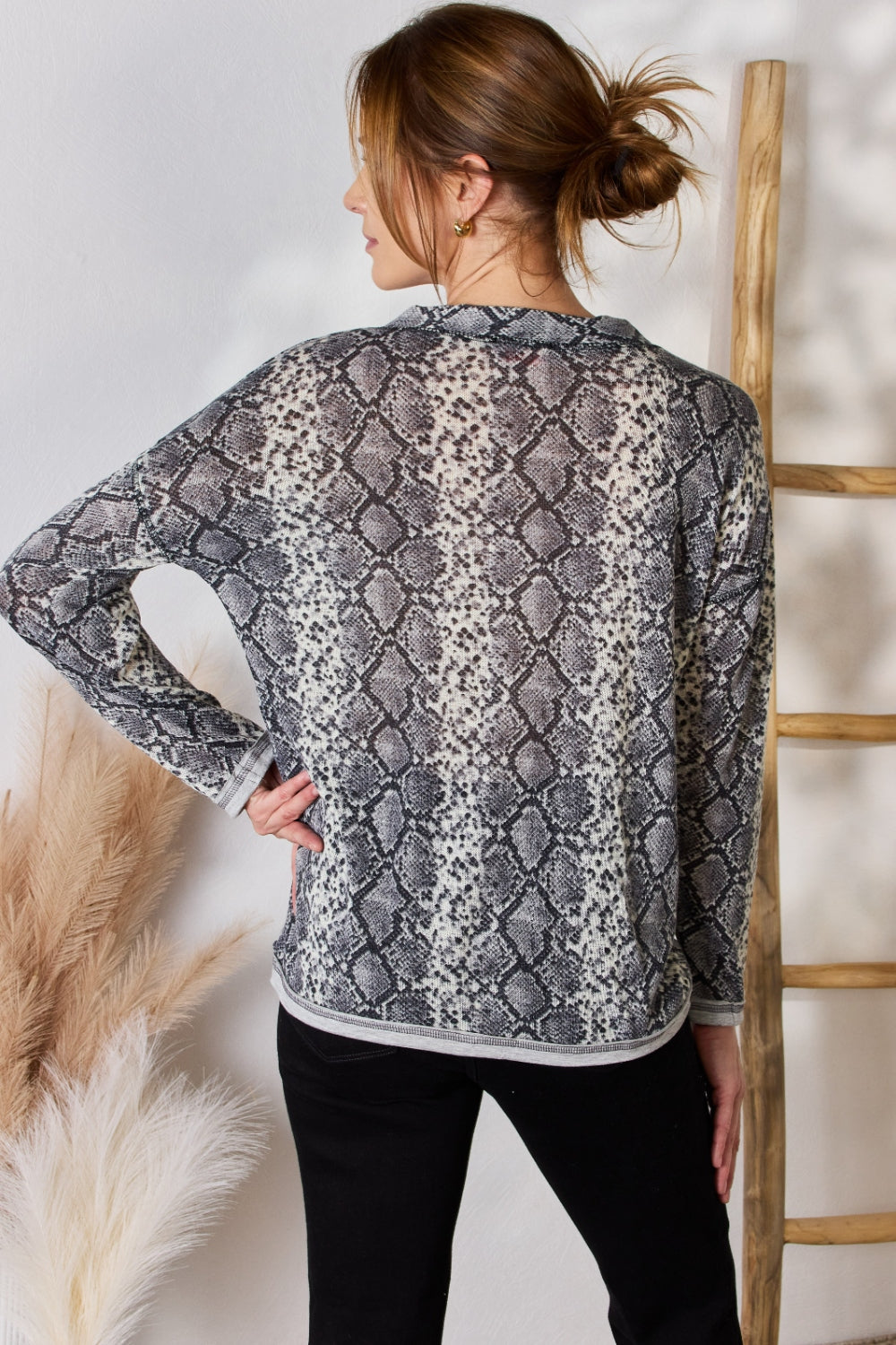 Hailey & Co Full Size Snakeskin V-Neck Long Sleeve Top - In Style Chics Boutique LLC