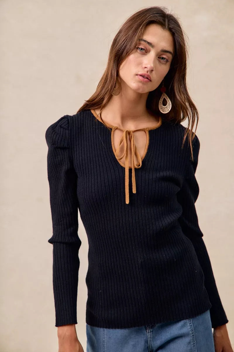 Ribbed Contrast Front Tied 🖤 Top with Shirred Detail at In Style Chics Boutique