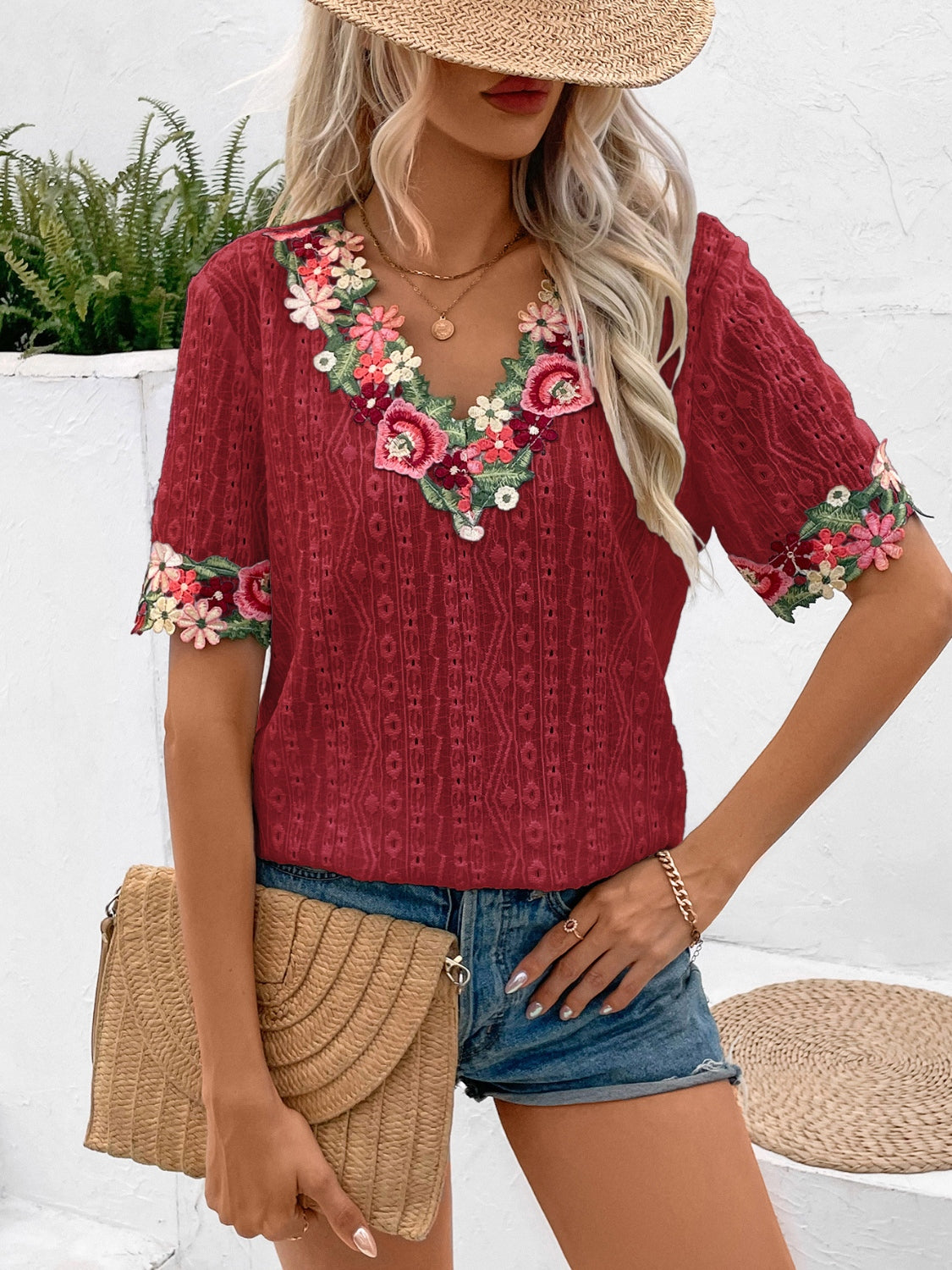 Eyelet Embroidered V-Neck Short Sleeve Blouse - More Colors! - In Style Chics Boutique LLC