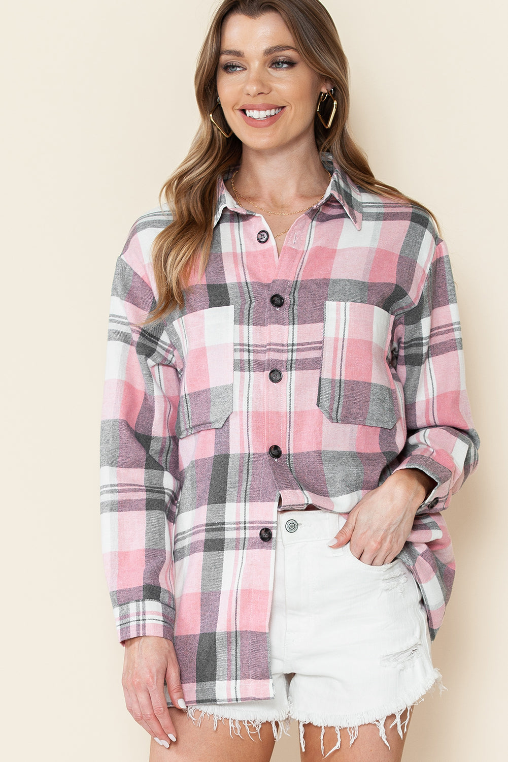 Pink Long Sleeve Collared Button Up Flannel Shacket - In Style Chics Boutique LLC