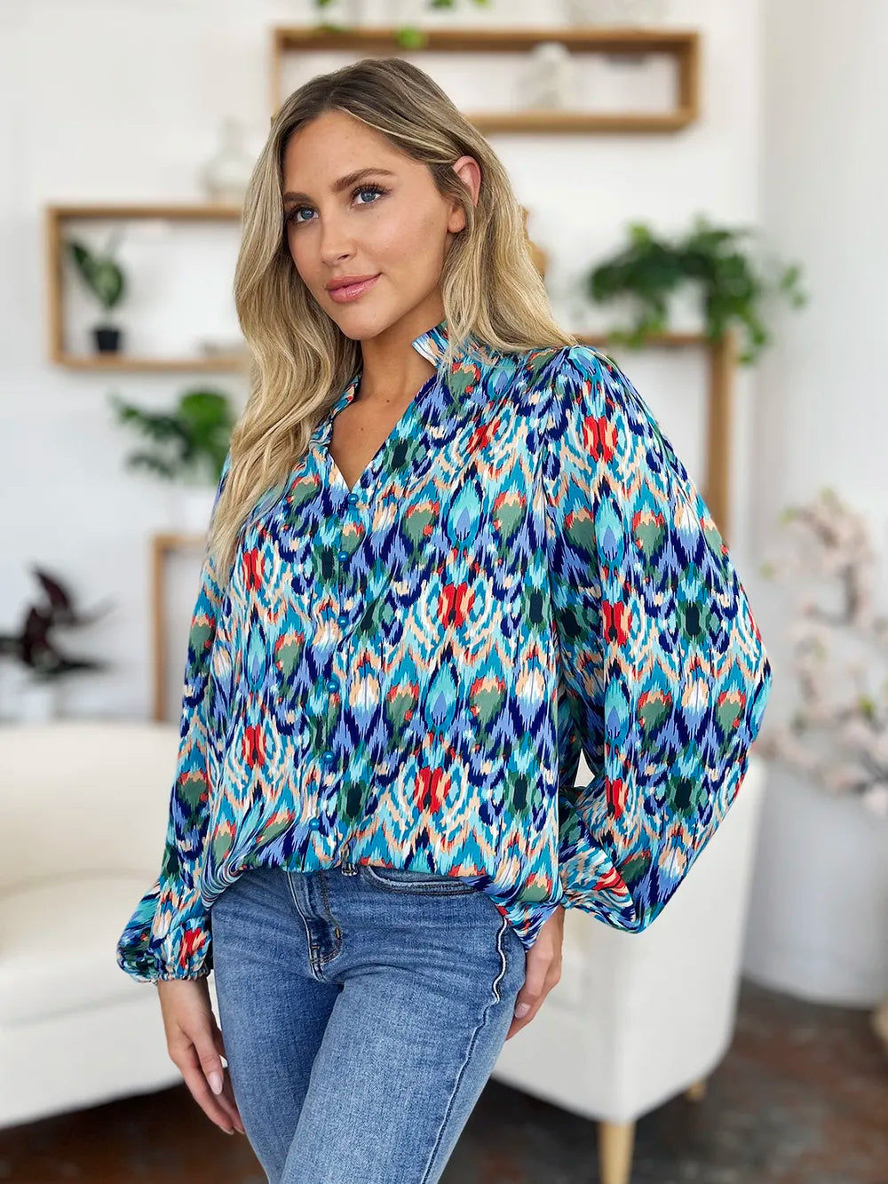 Printed Balloon Sleeve Blouse 💙 Shop Deals at In Style Chics Boutique