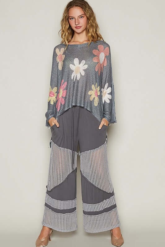 POL Flower Dropped Shoulder Long Sleeve Knit Top - In Style Chics Boutique LLC