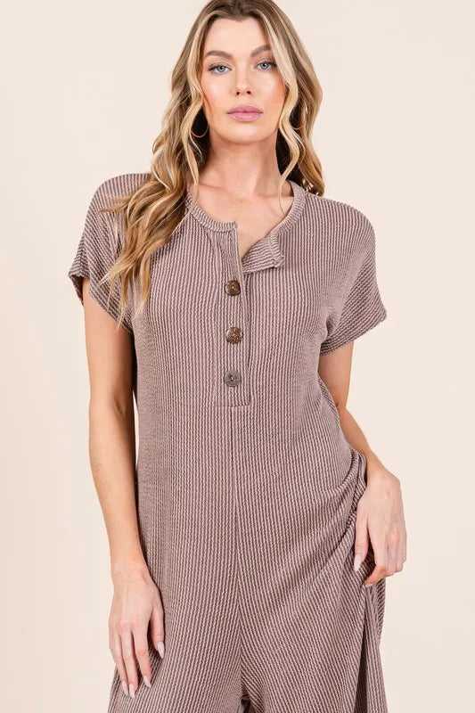 Rib Knit Jumpsuit with Button Detail