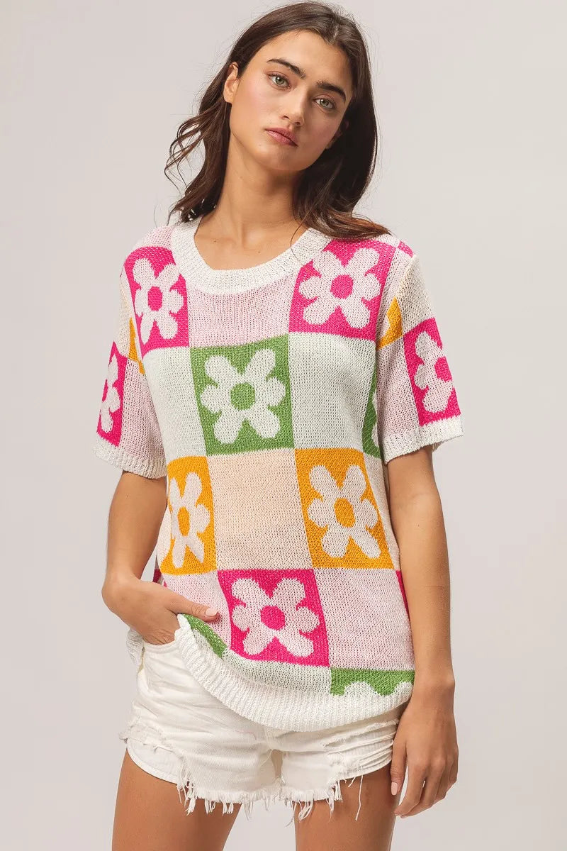 Sweater Top, Flower Checker Pattern Lightweight In Style Chics Boutique Where to buy stylish women’s clothes