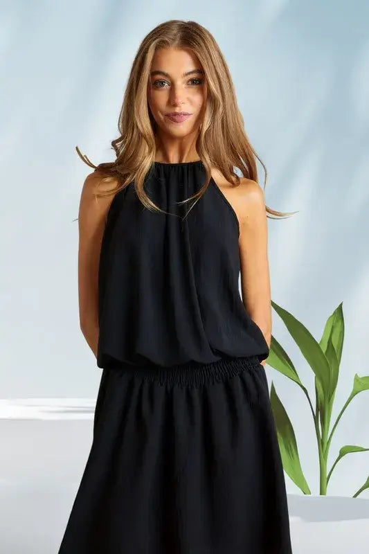 Halter Neck Smocking Waist Black Dress - Cute Clothes - In Style Chics Boutique Women's Juniors Apparel Online
