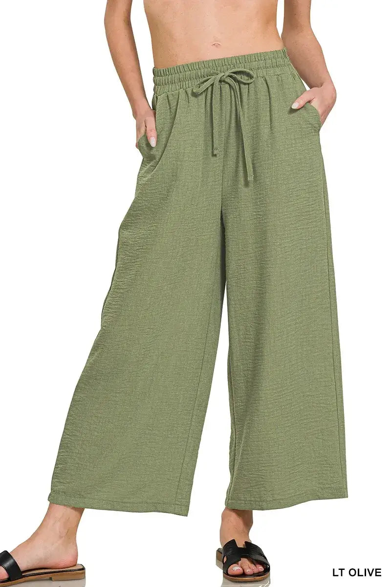 Women's Cropped Pants - Woven Crepe Elastic Waist - In Style Chics Boutique Women's Juniors Fashion Style Online