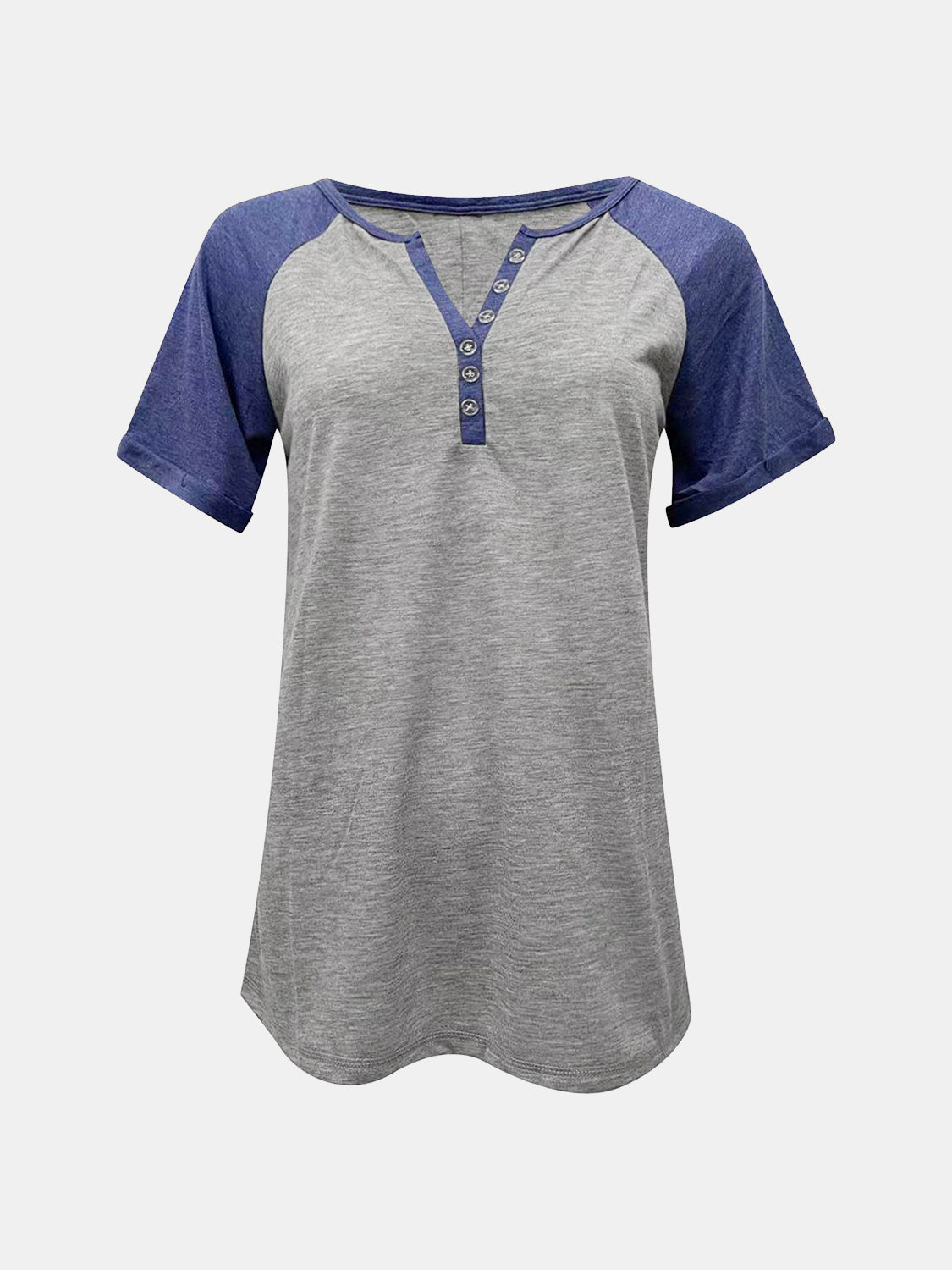 Contrast Notched Short Sleeve T-Shirt - In Style Chics Boutique LLC