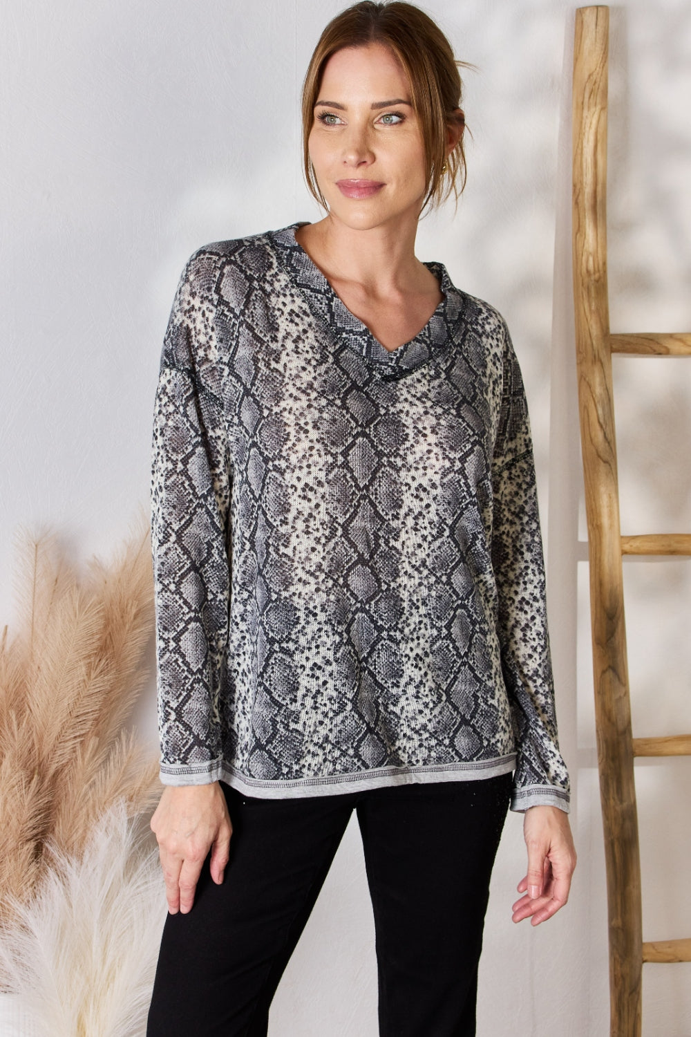 Hailey & Co Full Size Snakeskin V-Neck Long Sleeve Top - In Style Chics Boutique LLC