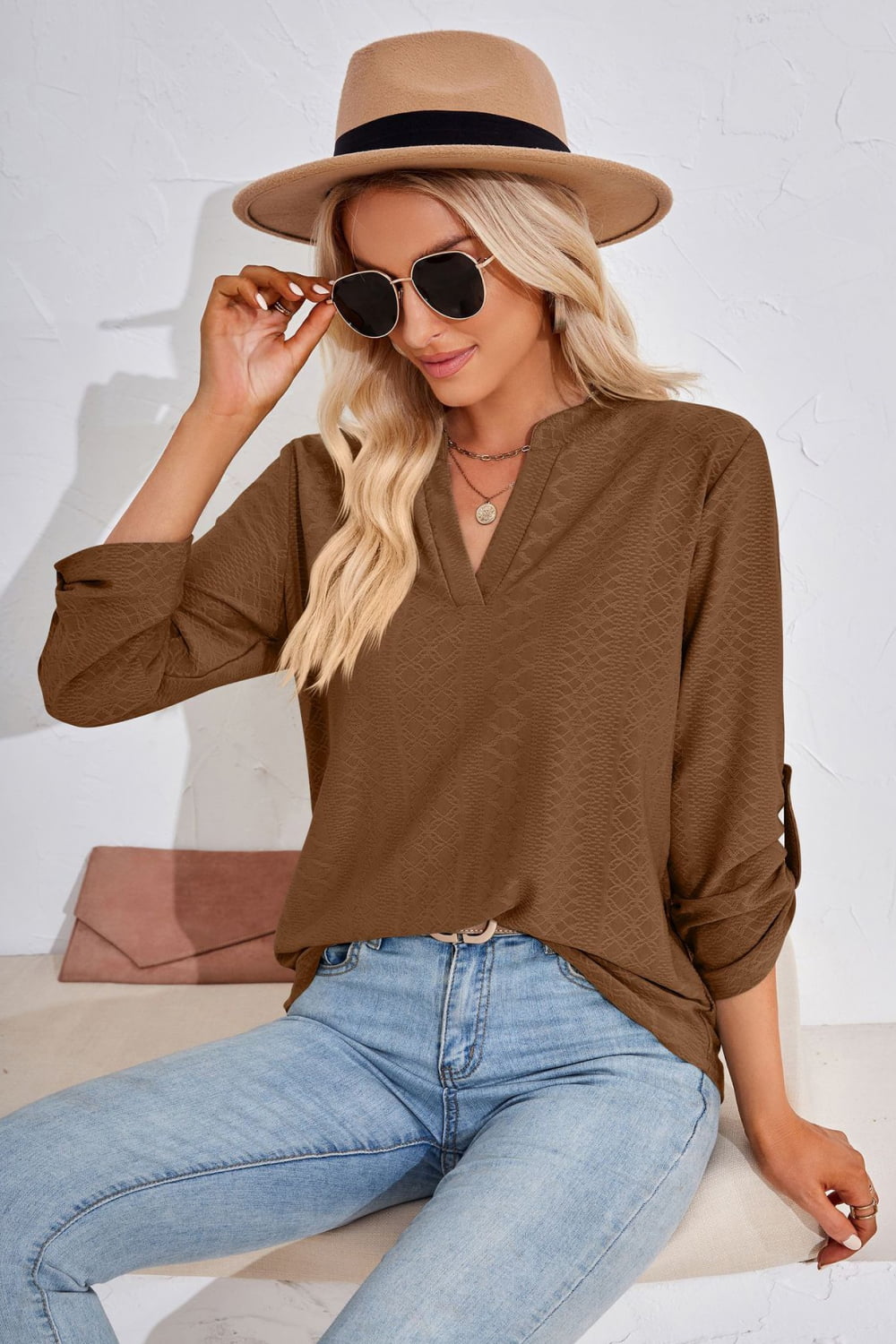 V-Neck Roll-Tap Sleeve Blouse - In Style Chics Boutique LLC