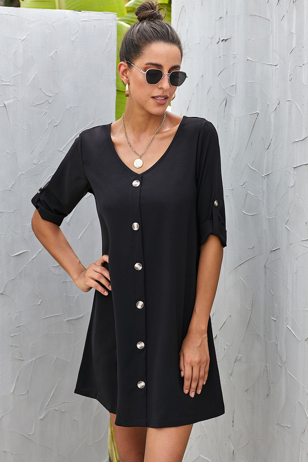 Buttoned V-Neck Dress - In Style Chics Boutique LLC