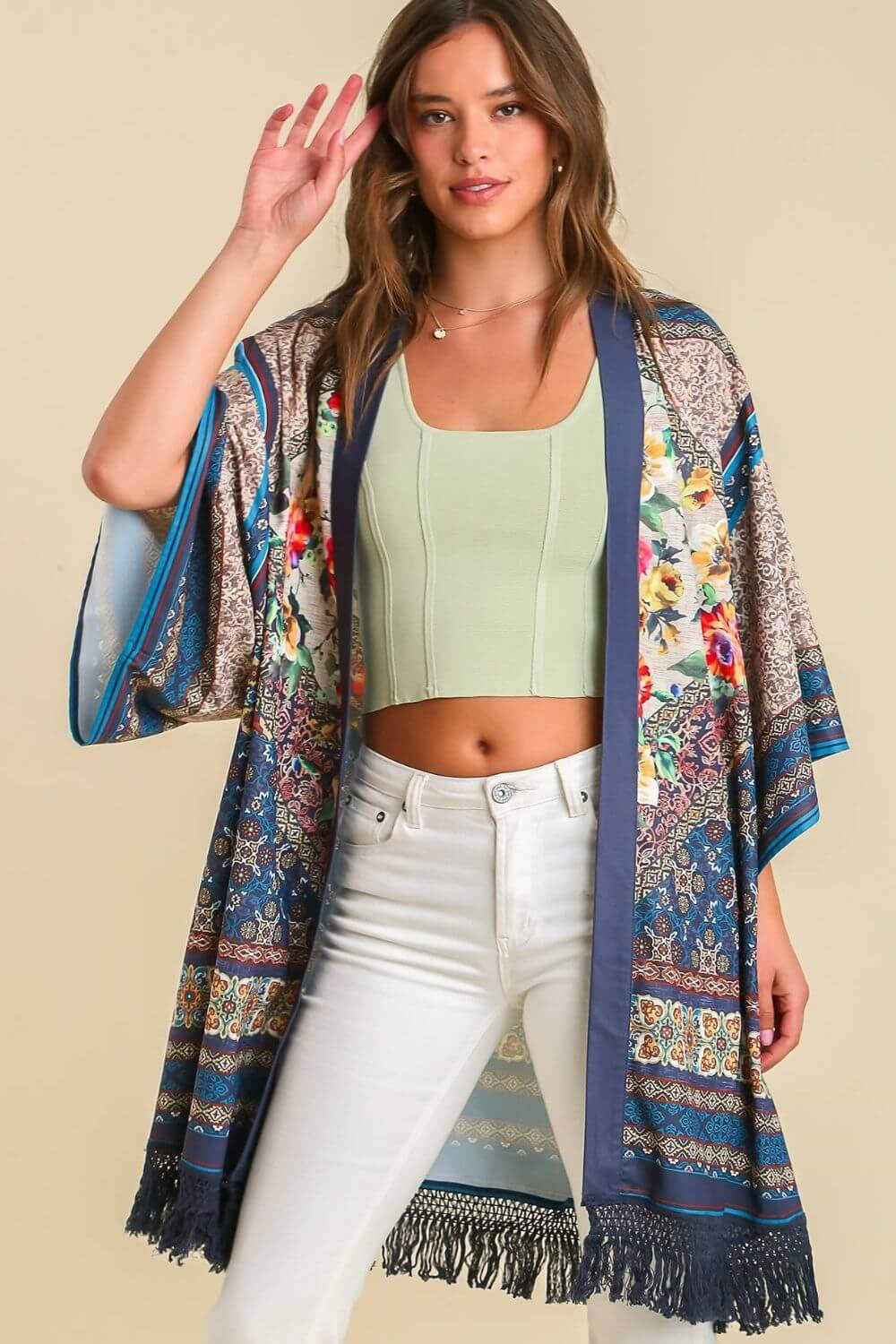 Fringe Hem Open Front Printed Kimono Sleeve Cover-Up - Cute Clothing - In Style Chics Boutique Online Women's Juniors Plus Size Apparel
