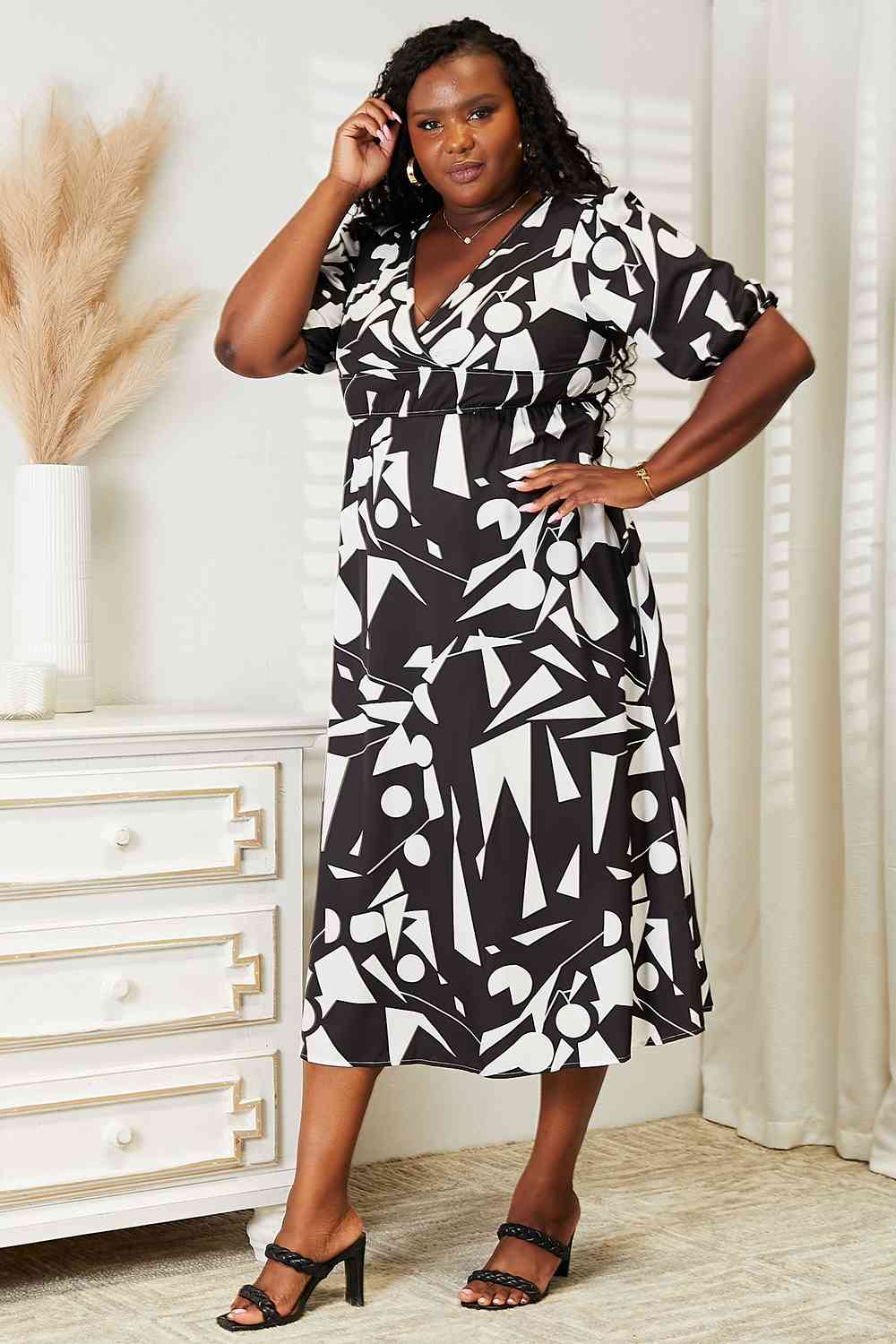 Printed Surplice Balloon Sleeve Dress - spring dresses - In Style Chics Boutique Online Clothing