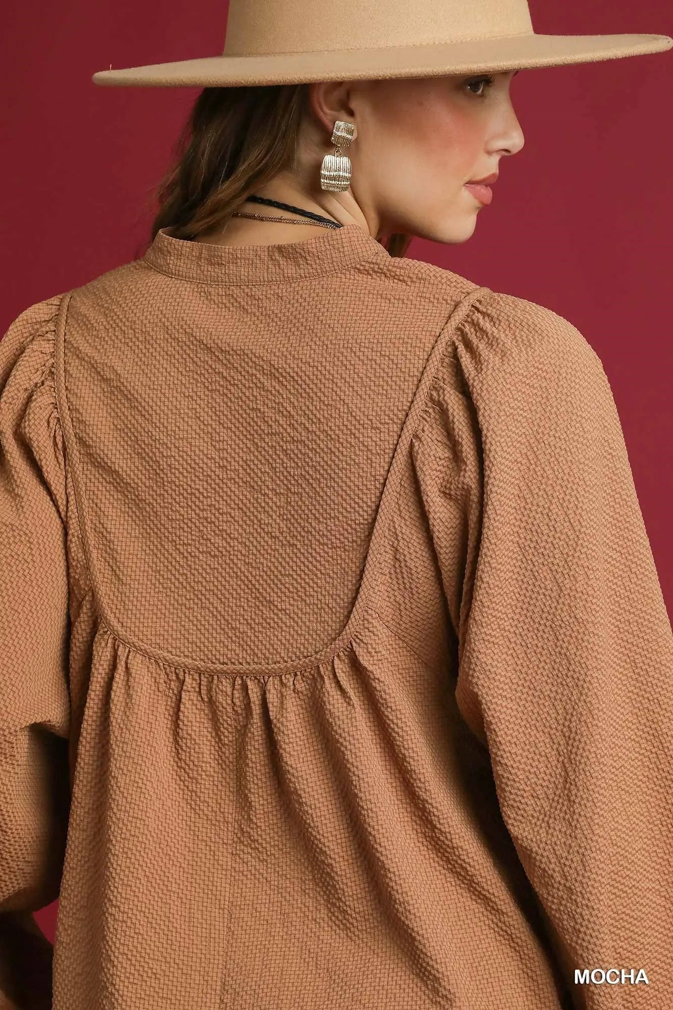 Textured Notched Mocha Blouse with Balloon Sleeves at In Style Chics Boutique