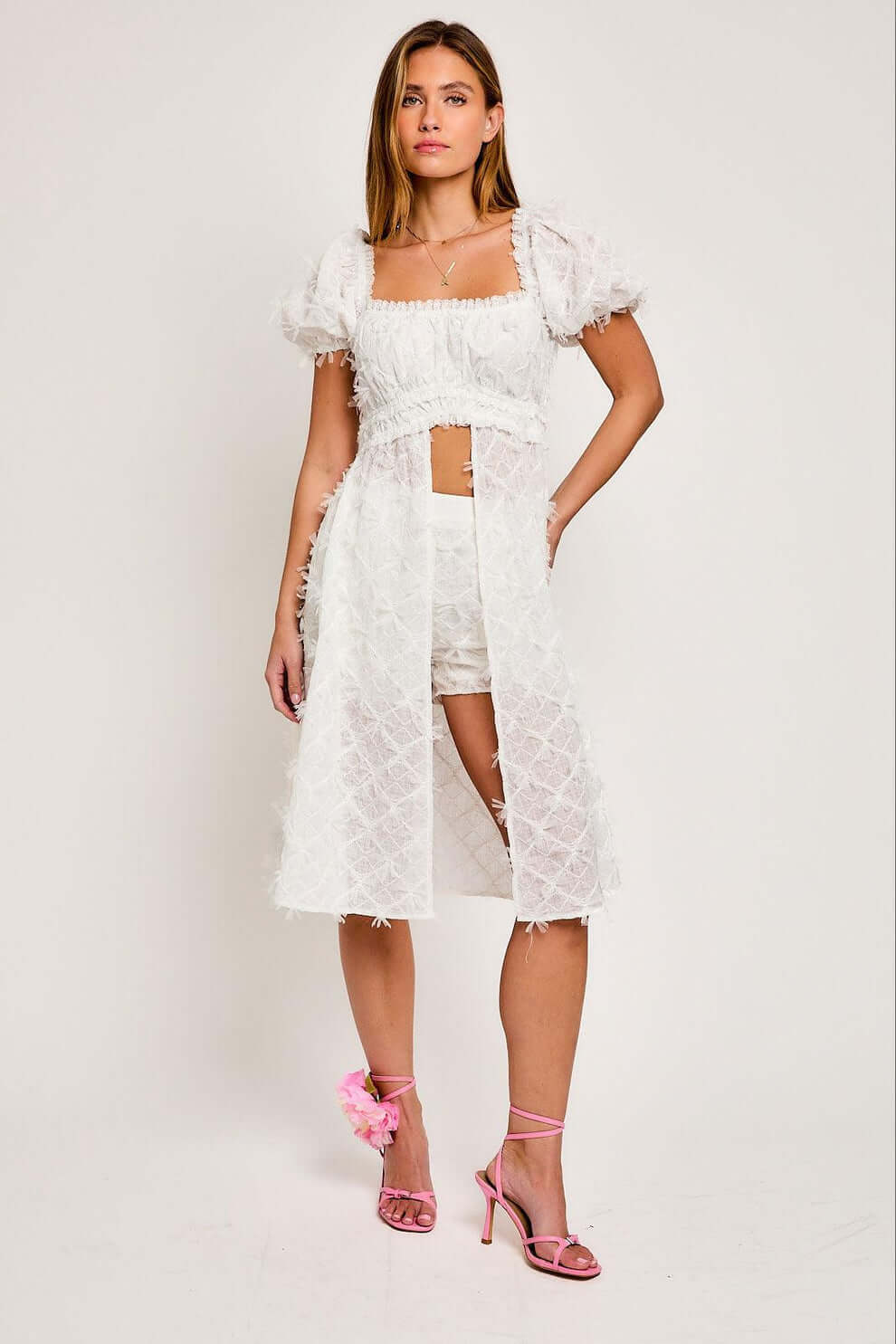 Embroidery Lace Mesh Long Top & High Waisted Shorts Set - Women's Juniors Online Fashion - In Style Chics Boutique