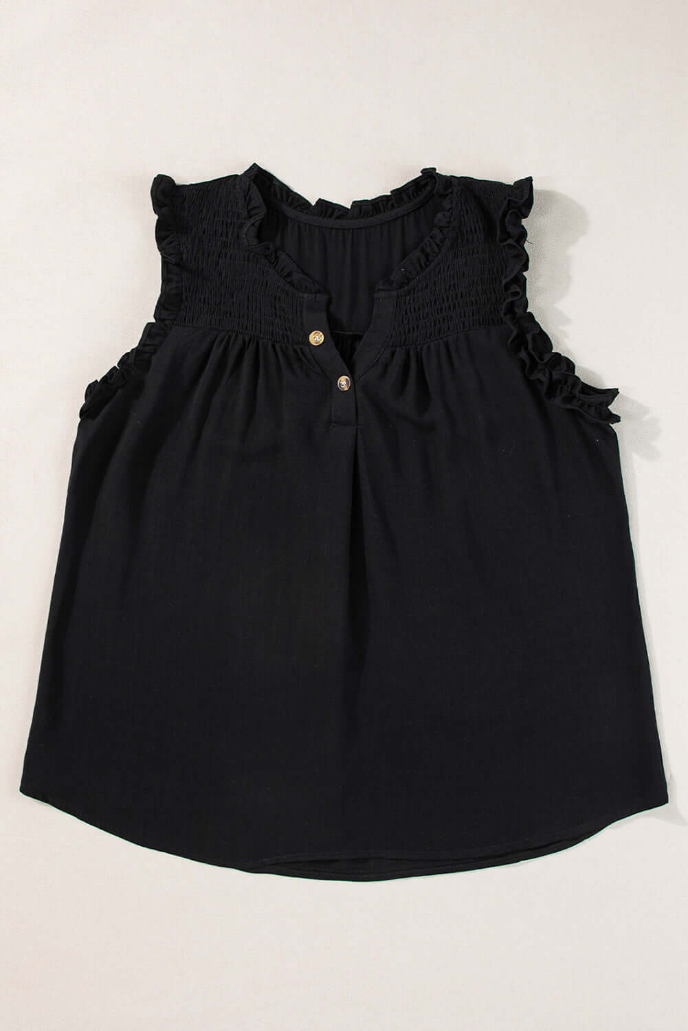 Button Split Neck Frill Trim Sleeveless Shirt - Cute Clothes Online - In Style Chics Boutique Women's Juniors Apparel